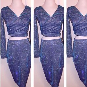 Blue Holiday Glitter Two Piece Crop Top Set Dress